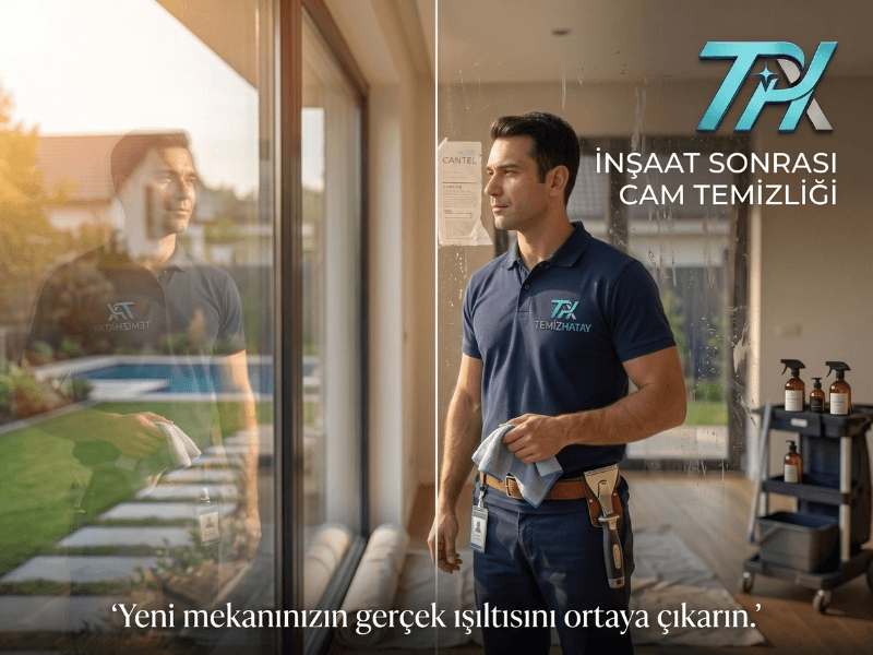 Hatay Antakya'da inşaat sonrası cam temizliği yapan TemizHatay ekibi, camlardaki boya, harç ve etiket kalıntılarını güvenle temizliyor.